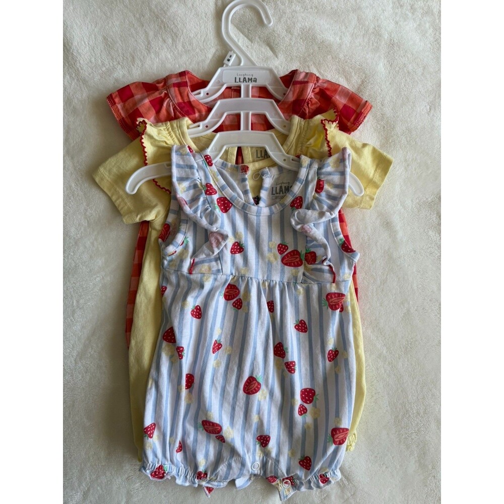 Llama 3-Piece Girls 9M Short Sleeve Romper Set Strawberry Print Cotton